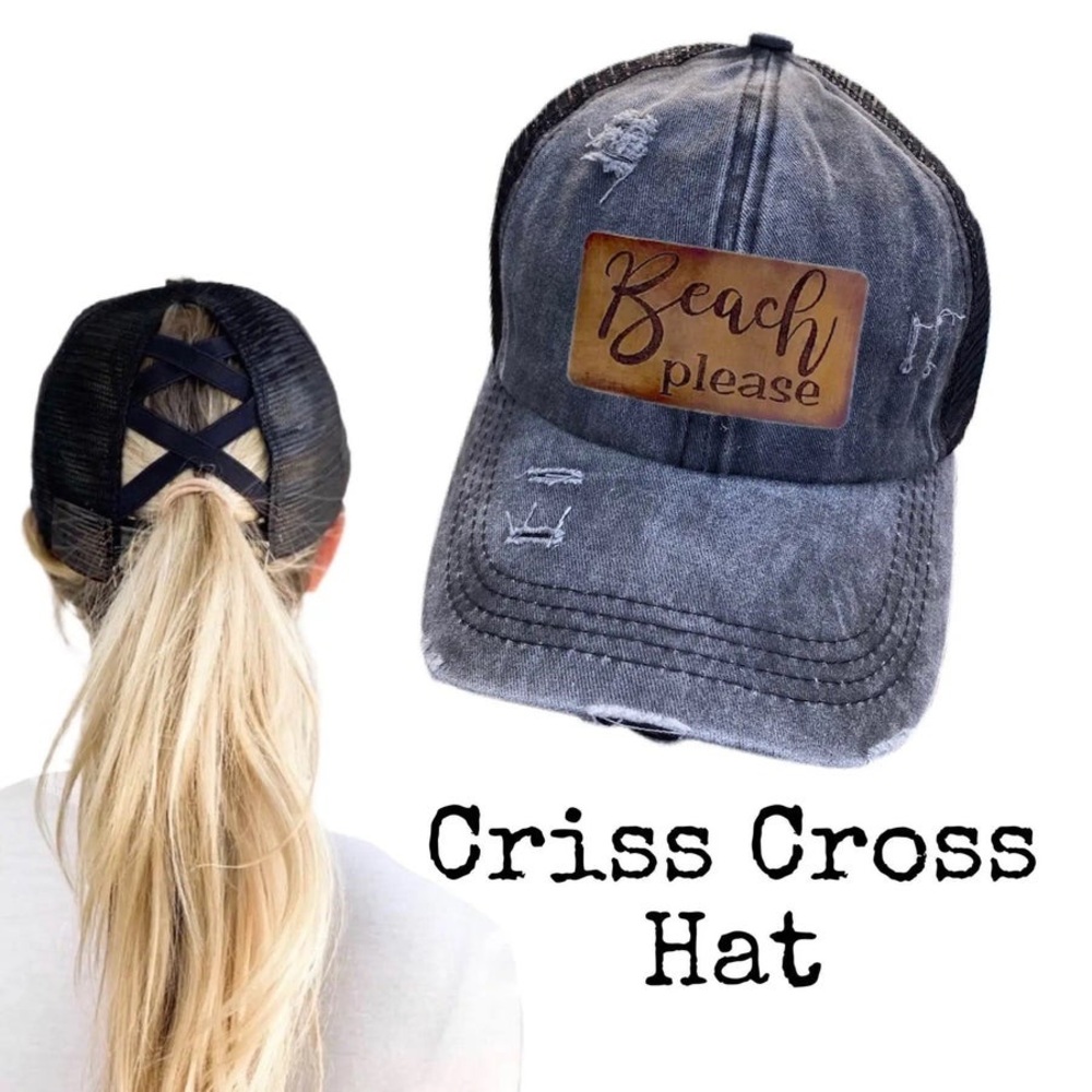 New beach please black distressed criss cross ponytail baseball cap womens hat
